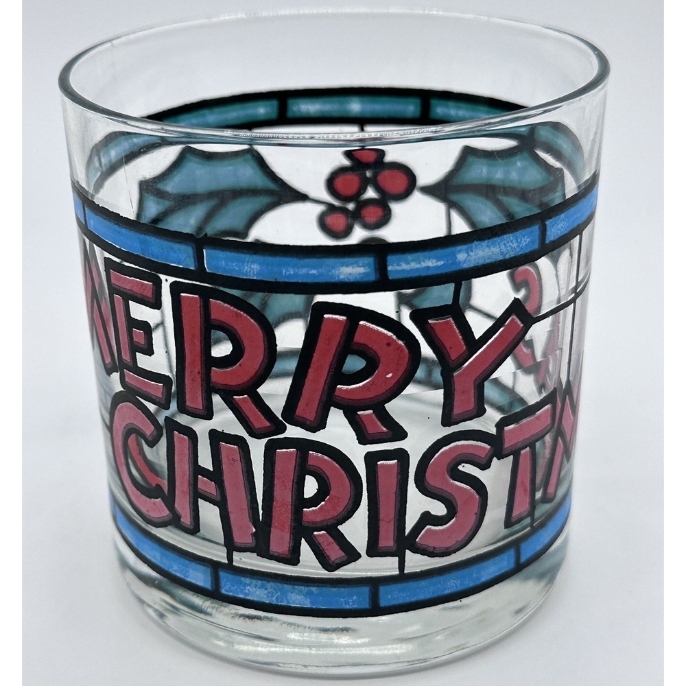 Set of 4 Vintage Merry Christmas Stained Glass Style Barware Glasses Lowball - Picture 1 of 2
